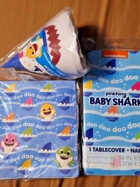 new pinkfong BABY SHARK BIRTHDAY PARTY SUPPLIES LOT hats napkins tablecloth